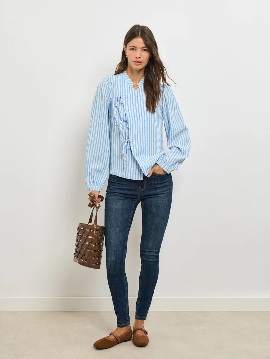 Nöista Womenswear Stripped Blouse In Fall Winter Fabric, With Front Ties Detail, Perfect For Fall Winter Outfits. - Blue - View 1
