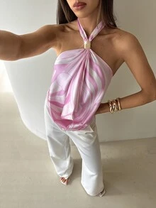 Aloruh 粉色與白色拼色掛脖背心上衣，2合1罩杯設計，Y2K性感辣妹音樂節時尚，夏季夜生活度假風 - 藍色 - 查看 7