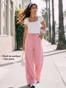 SHEIN Sovereign Charm Sweet Girl Pink Lace Striped Wide Leg Sweatpants, High Waist Elastic Waist Drawstring, Loose Drape Sports Casual Long Pants - Pink - View 3
