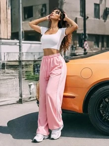SHEIN Sovereign Charm Sweet Girl Pink Lace Striped Wide Leg Sweatpants, High Waist Elastic Waist Drawstring, Loose Drape Sports Casual Long Pants - Pink - View 5