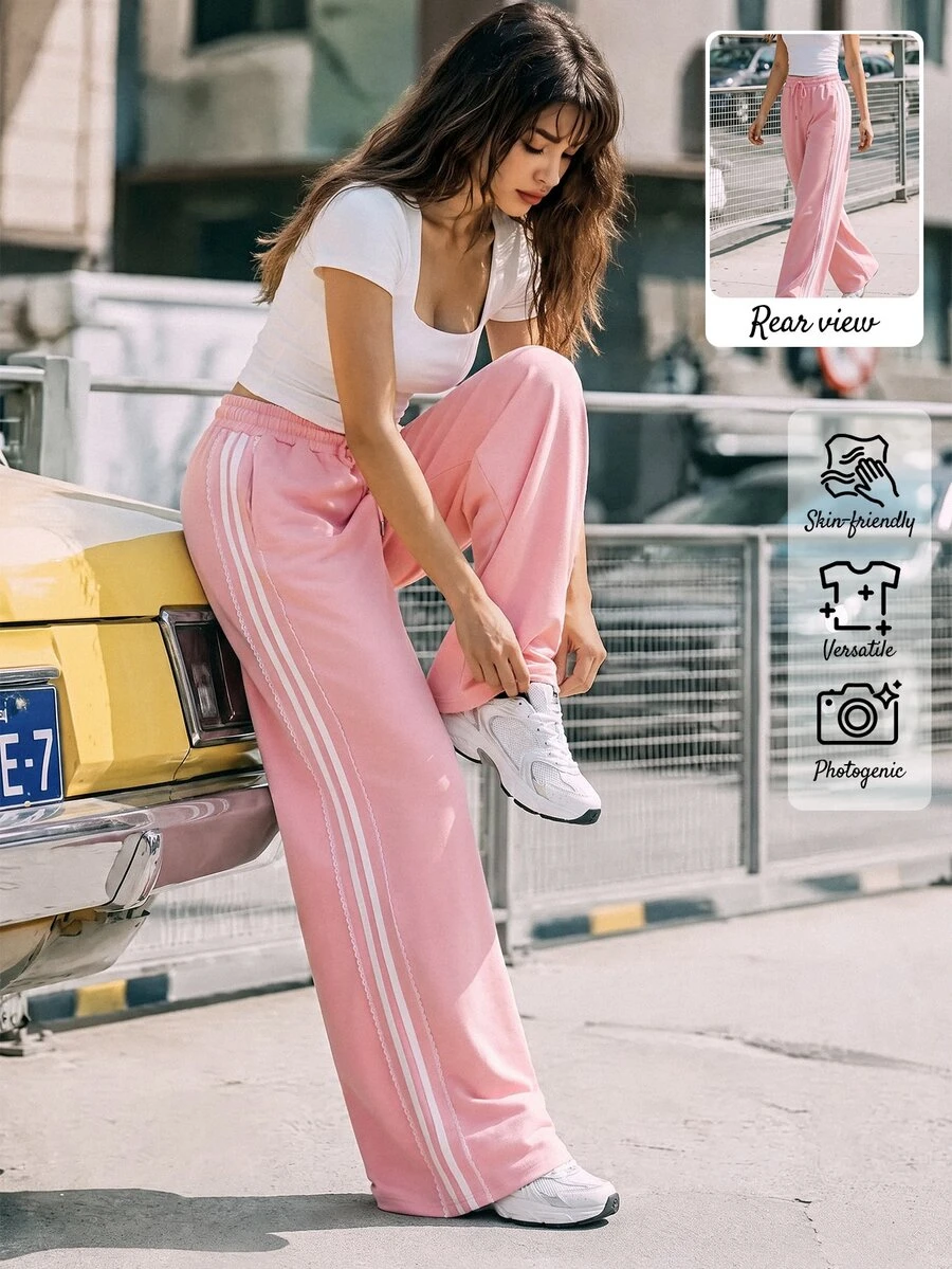 SHEIN Sovereign Charm Sweet Girl Pink Lace Striped Wide Leg Sweatpants, High Waist Elastic Waist Drawstring, Loose Drape Sports Casual Long Pants - Pink - View 1