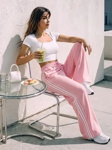 SHEIN Sovereign Charm Sweet Girl Pink Lace Striped Wide Leg Sweatpants, High Waist Elastic Waist Drawstring, Loose Drape Sports Casual Long Pants - Pink - View 7