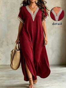 EMERY ROSE Plus Size Women Lace Short Sleeve Long Dress For New Year, Summer Outfit - Red - View 7