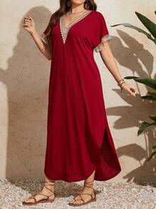 EMERY ROSE Plus Size Women Lace Short Sleeve Long Dress For New Year, Summer Outfit - Red - View 4