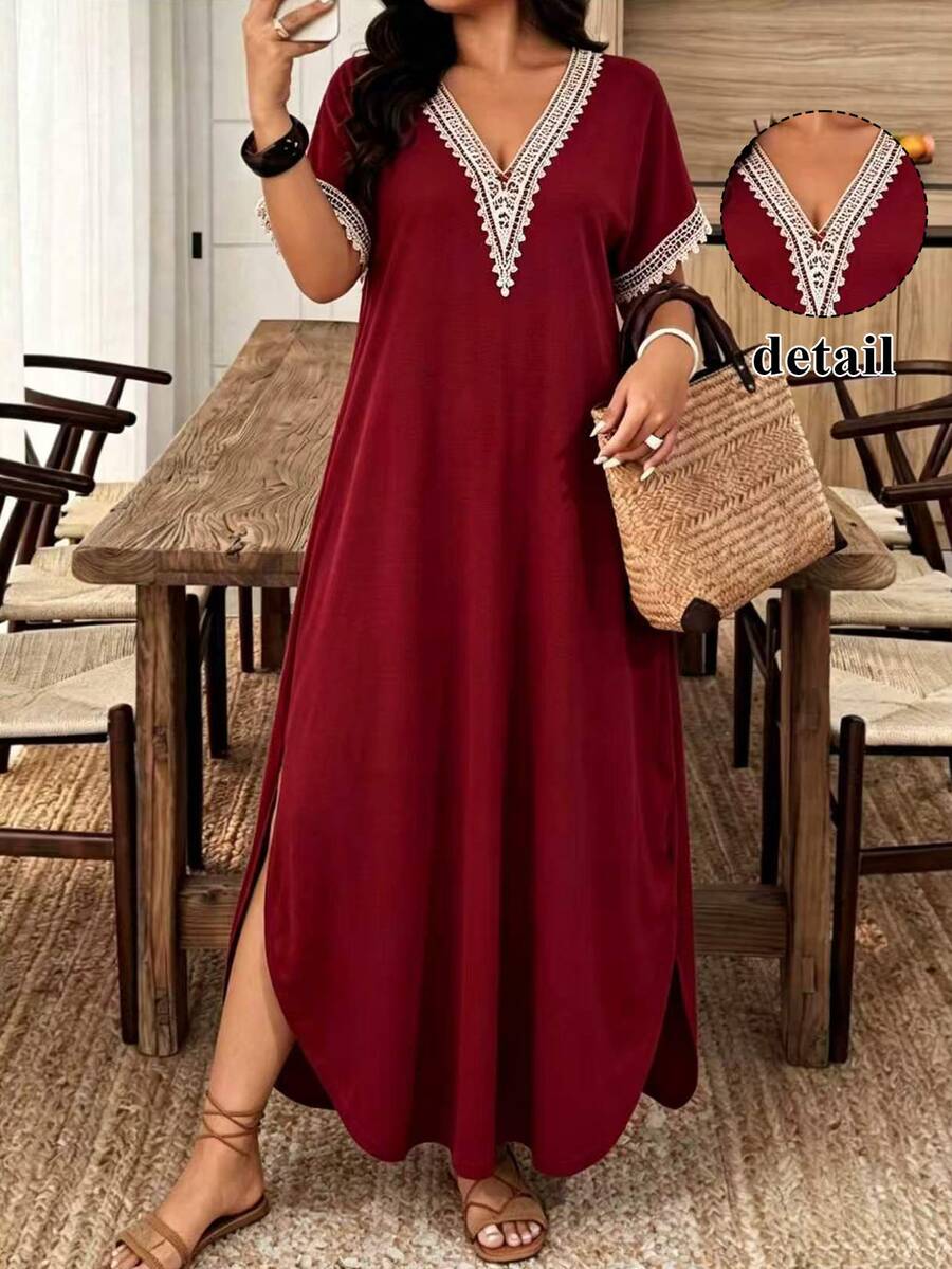 EMERY ROSE Plus Size Women Lace Short Sleeve Long Dress For New Year, Summer Outfit - Red - View 1