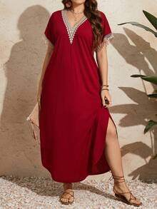 EMERY ROSE Plus Size Women Lace Short Sleeve Long Dress For New Year, Summer Outfit - Red - View 6