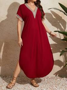 EMERY ROSE Plus Size Women Lace Short Sleeve Long Dress For New Year, Summer Outfit - Red - View 5