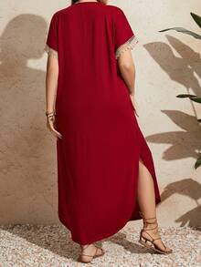 EMERY ROSE Plus Size Women Lace Short Sleeve Long Dress For New Year, Summer Outfit - Red - View 2