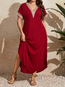 EMERY ROSE Plus Size Women Lace Short Sleeve Long Dress For New Year, Summer Outfit - Red - View 3