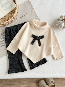 SHEIN 2件組女嬰毛衣＋喇叭褲，可愛優雅奶油米色，3D蝴蝶結、不對稱下擺、荷葉邊、長袖高領，生日派對秋季公主風時尚套裝 - 黑色 - 查看 9