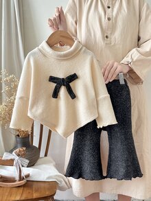 SHEIN 2件組女嬰毛衣＋喇叭褲，可愛優雅奶油米色，3D蝴蝶結、不對稱下擺、荷葉邊、長袖高領，生日派對秋季公主風時尚套裝 - 黑色 - 查看 4