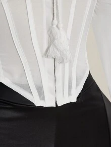 SHEIN ICON Women's Brown Off-Shoulder Long Sleeve Western Style Patchwork Waist Blouse, Autumn/Winter - White - View 7