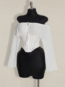 SHEIN ICON Women's Brown Off-Shoulder Long Sleeve Western Style Patchwork Waist Blouse, Autumn/Winter - White - View 3