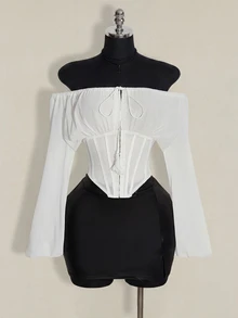 SHEIN ICON Women's Brown Off-Shoulder Long Sleeve Western Style Patchwork Waist Blouse, Autumn/Winter - White - View 8