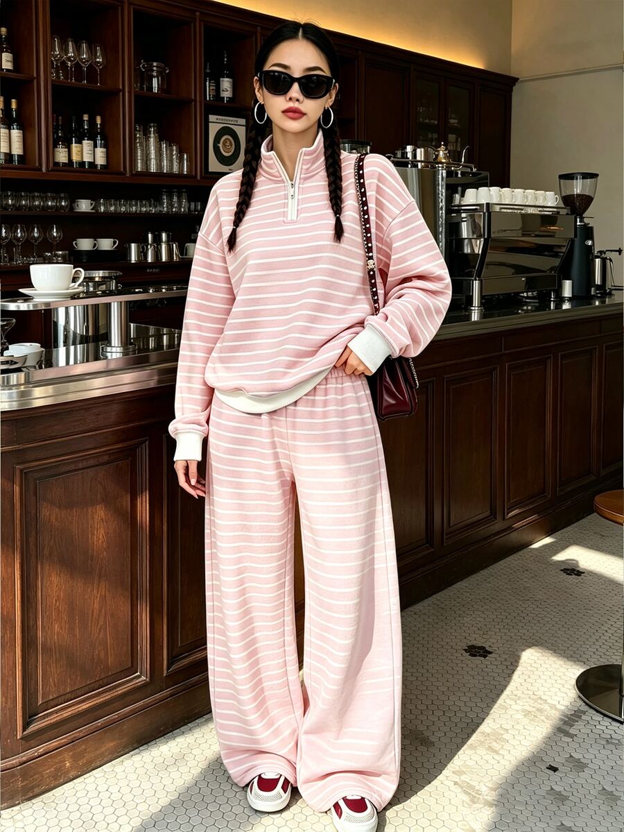 青少年女孩立領半拉鍊運動衫套裝,學生大女孩粉色與白色條紋短上衣與寬腿長褲2件套,時尚休閒寬鬆半立領套頭運動衫,女孩日常通勤校園穿搭,秋冬美式復古條紋粉色 - 彩色 - 查看 1