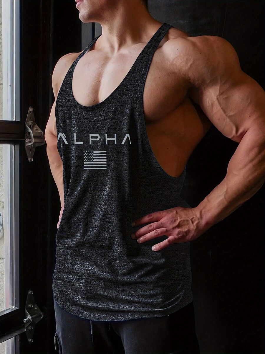 GymBeat Men's American Flag Print Racerback Sports Tank Top - Black - View 1