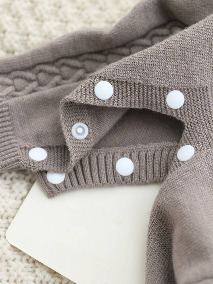 SHEIN Fall Clothes Winter Newborn Baby Khaki Long Sleeve Knit Romper Bodysuit, Back To School, Cozy Soft, Festival Outfits Christmas Casual Daily Wear - Khaki - View 5