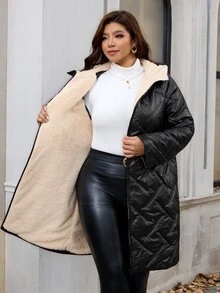 Reflora Plus Size Winter Thermal Lined Hooded Jacket - Black - View 9