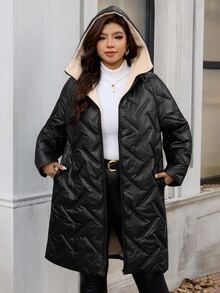 Reflora Plus Size Winter Thermal Lined Hooded Jacket - Black - View 4
