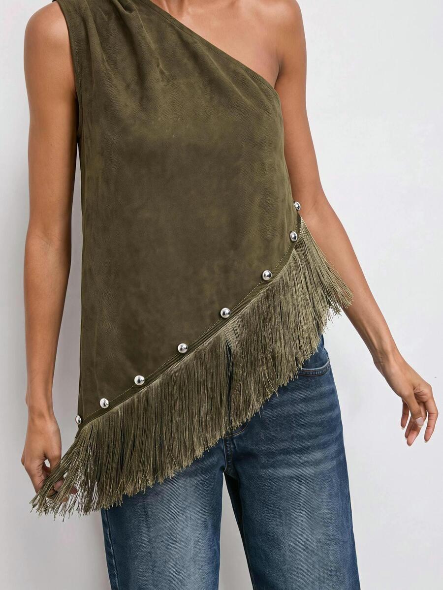 Maija Women's One-Shoulder Sleeveless Patchwork Tassel Hem Top,Going Out Outfits, Work Outfits For Women,Fall Clothes - Army Green - View 1