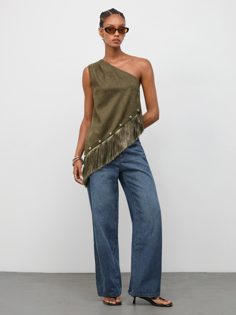 SHEIN Maija Women's One-Shoulder Sleeveless Patchwork Tassel Hem Top,Going Out Outfits, Work Outfits For Women,Fall Clothes