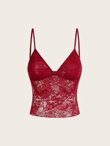 SHEIN ICON 优雅性感纯色透明蕾丝细肩带吊带背心 - 酒紅色 - 查看 5