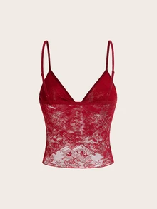 SHEIN ICON 优雅性感纯色透明蕾丝细肩带吊带背心 - 酒紅色 - 查看 2