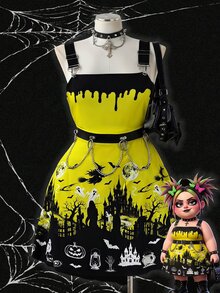 Sunspun Gaun Terusan Motif Punk Halloween Ukuran Besar untuk Musim Gugur/Dingin - MultiWarna - View 1
