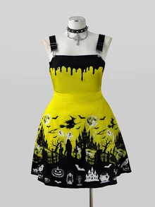 Sunspun Gaun Terusan Motif Punk Halloween Ukuran Besar untuk Musim Gugur/Dingin - MultiWarna - View 3