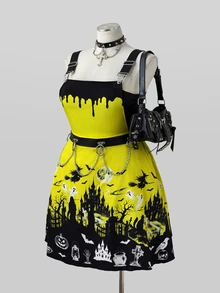Sunspun Gaun Terusan Motif Punk Halloween Ukuran Besar untuk Musim Gugur/Dingin - MultiWarna - View 6