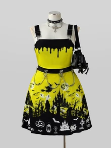 Sunspun Gaun Terusan Motif Punk Halloween Ukuran Besar untuk Musim Gugur/Dingin - MultiWarna - View 8