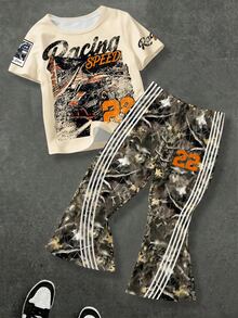 Baby Boy Casual Minimalist Round Neck Short Sleeve T-Shirt & Flared Pants Knit 2-Piece Set, Suitable For Spring/Summer, Classic Cool Handsome Retro Racing Car Graphic Print, Number 22, Street Style Dried Branch & Leaf Graphic Print, Striped Graphic Print, Suitable For Autumn/Winter, Y2K - Multicolor - View 3