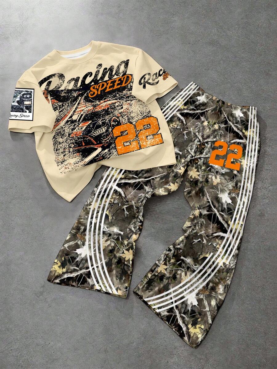 Baby Boy Casual Minimalist Round Neck Short Sleeve T-Shirt & Flared Pants Knit 2-Piece Set, Suitable For Spring/Summer, Classic Cool Handsome Retro Racing Car Graphic Print, Number 22, Street Style Dried Branch & Leaf Graphic Print, Striped Graphic Print, Suitable For Autumn/Winter, Y2K - Multicolor - View 1
