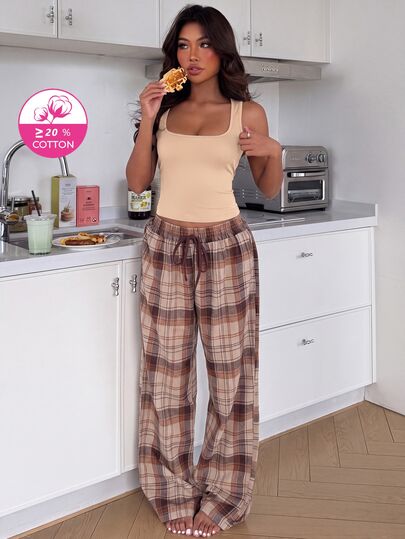 ZzzCrew Setelan 2 Potong Atasan Camisole Cokelat dan Celana Piyama Kotak-kotak Katun untuk Wanita, Dapat Dipakai Sebagai Pakaian Luar