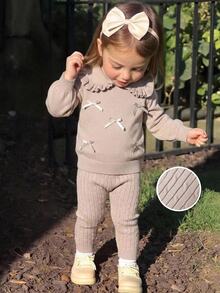 Cozy Pixies Baby Girl Fashion Casual Autumn/Winter Bow Decor Sweater & Knitted Pants Set - Khaki - View 1