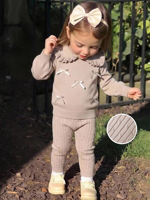 Cozy Pixies Baby Girl Fashion Casual Autumn/Winter Bow Decor Sweater & Knitted Pants Set