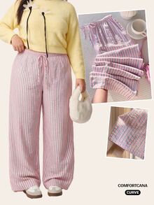 Comfortcana Plus Size Contrast Striped Elastic Waist Drawstring Casual Straight Pants,Fall - Multicolor - View 3