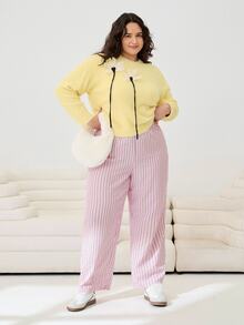 Comfortcana Plus Size Contrast Striped Elastic Waist Drawstring Casual Straight Pants,Fall - Multicolor - View 5