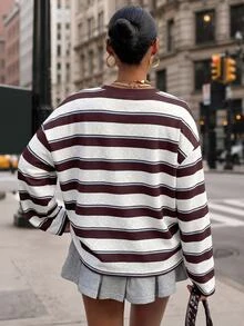 SHEIN EZwear 大尺碼女款條紋拼色休閒百搭日常長袖T恤 秋季 - 彩色 - 查看 2