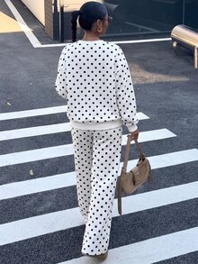 SHEIN EZwear Plus Size Women Polka Dot Print Long Sleeve Sweatshirt And Pants Casual Set Fall - Black and White - View 8