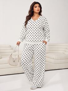SHEIN EZwear Plus Size Women Polka Dot Print Long Sleeve Sweatshirt And Pants Casual Set Fall - Black and White - View 3