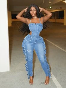 Slaydiva Plus Size Women's Distressed Design Casual Daily Wear Denim Overall Jumpsuit - Blue - View 4