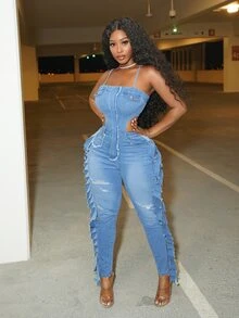 Slaydiva Plus Size Women's Distressed Design Casual Daily Wear Denim Overall Jumpsuit - Blue - View 1