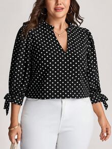 Comfylo Plus Polka Dot Print Knot Cuff Blouse Fall - Black - View 5