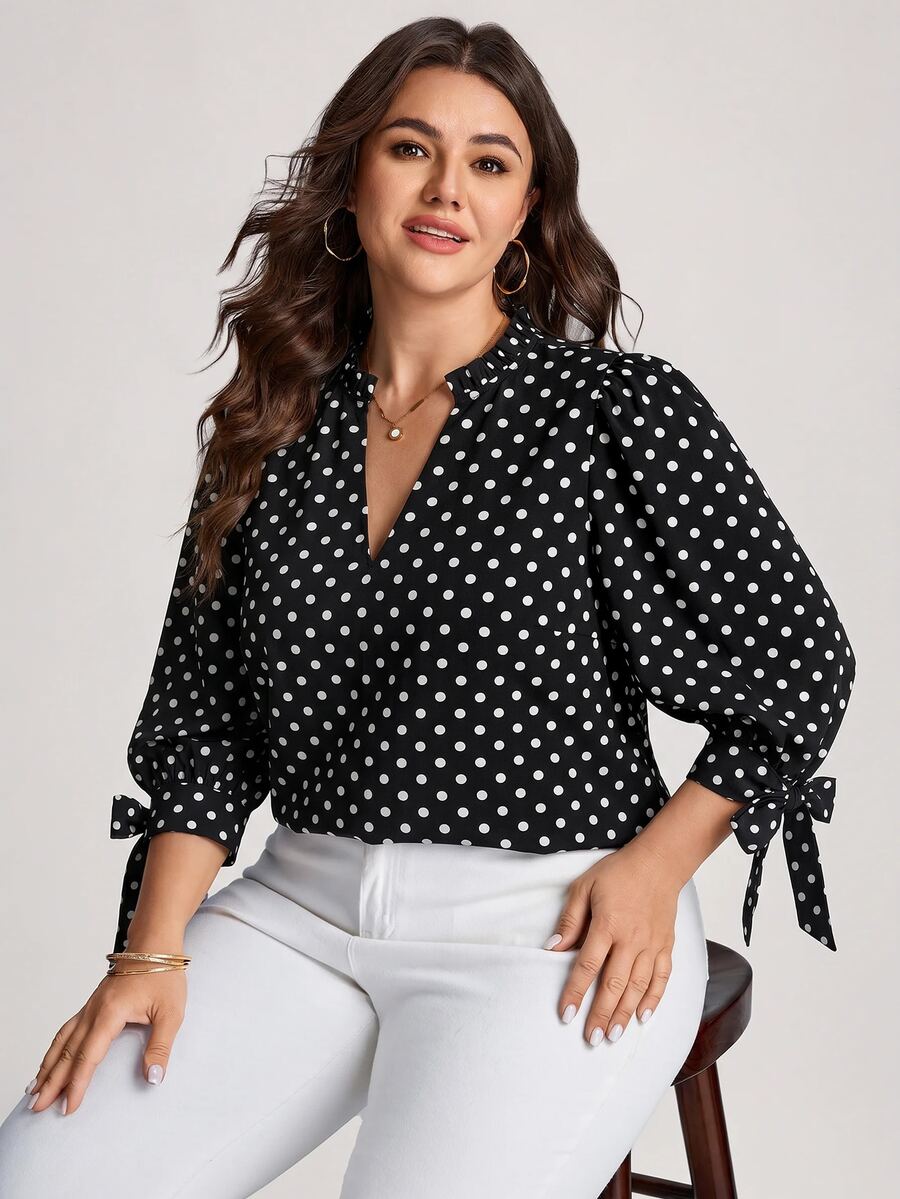 Comfylo Plus Polka Dot Print Knot Cuff Blouse Fall - Black - View 1
