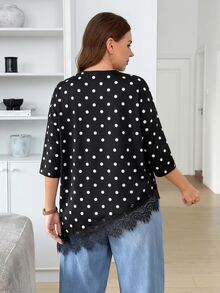 SHEIN LUNE Plus Size Lace Patchwork V-Neck T-Shirt Party Date Night Evening Formal Black And White Summer Elegant - Black - View 2