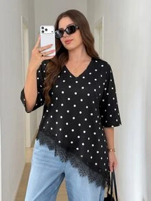 SHEIN LUNE Plus Size Lace Patchwork V-Neck T-Shirt Party Date Night Evening Formal Black And White Summer Elegant - Black - View 5