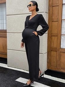 MaterniWear Maternity V-Neck Casual Everyday Jumpsuit Long Pants Fall - Black - View 7