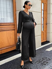 MaterniWear Maternity V-Neck Casual Everyday Jumpsuit Long Pants Fall - Black - View 9