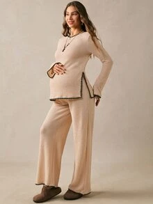 Boho Mama Setelan Ibu Hamil Serbaguna dengan Atasan Lengan Panjang dan Celana Panjang Kasual Warna Kontras, 2 Potongan, Cocok untuk Musim Gugur, Gaya Konser Country, Lucu dan Chic untuk Acara Jalan-jalan. - Khaki - View 6